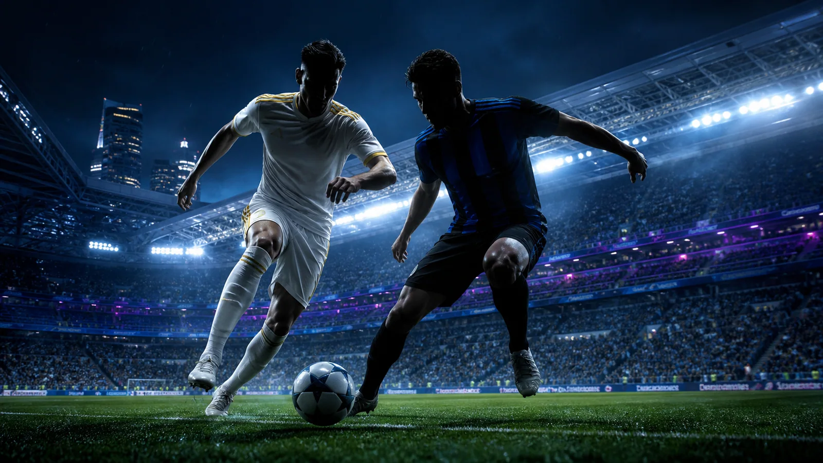 Madrid stadionida oq va ko‘k qora rangdagi futbolchilar markazda to‘p uchun kurashmoqda